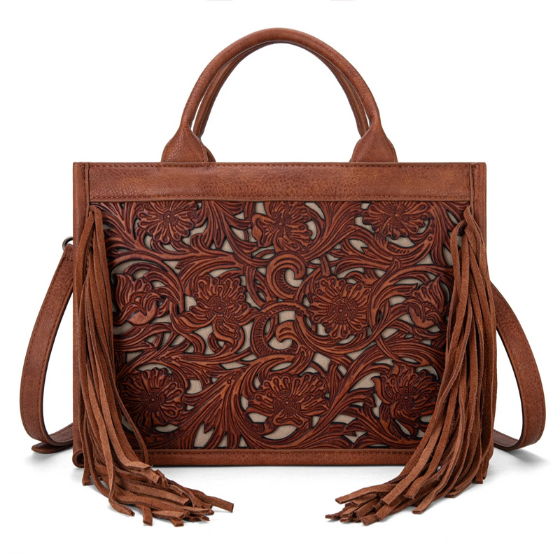 Trinity Ranch Floral Tooled Fringe CC Tote/ Crossbody