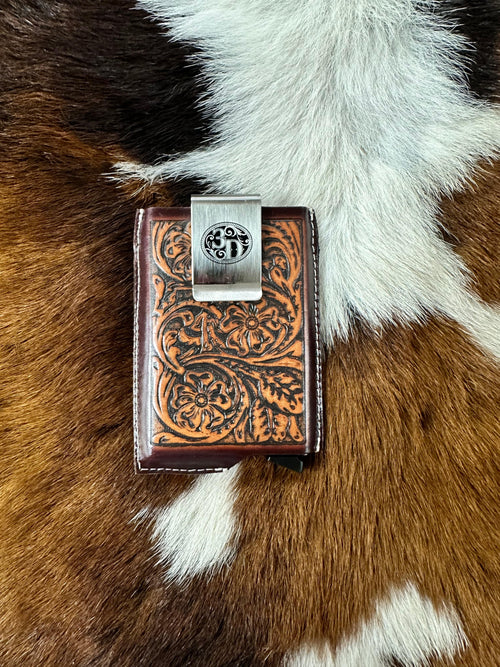 3D Belt Company 3D Brown Tooled Leather Money Clip Card Holder