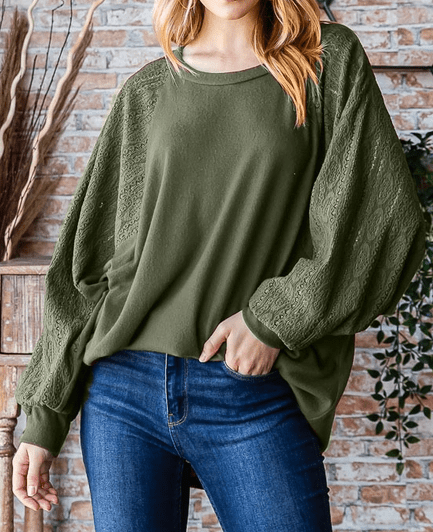 7th Ray Women's Apparel Curvy Olive Knit Top W/Lace Contrast