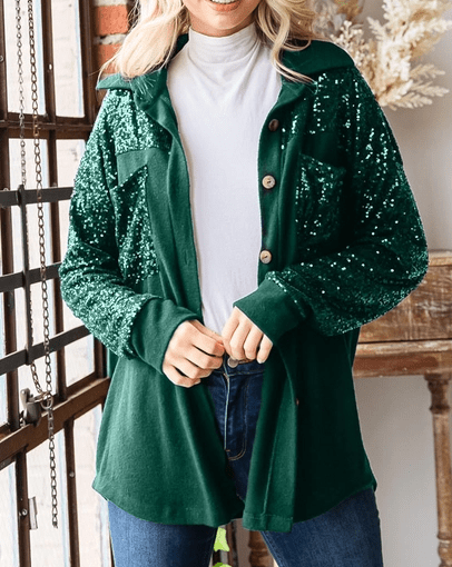 7th Ray Women's Apparel Women's Green Sequin Accent Shacket