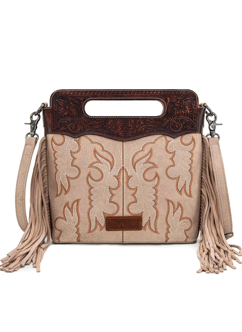 Wrangler Latte Tooled Floral Handle & Fringe Boot-Stitch CC Crossbody Bag