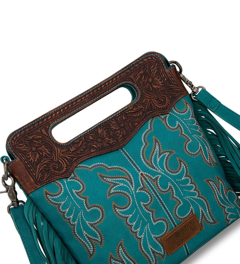 Wrangler Teal Floral Handle & Fringe Boot-Stitch CC Crossbody Bag