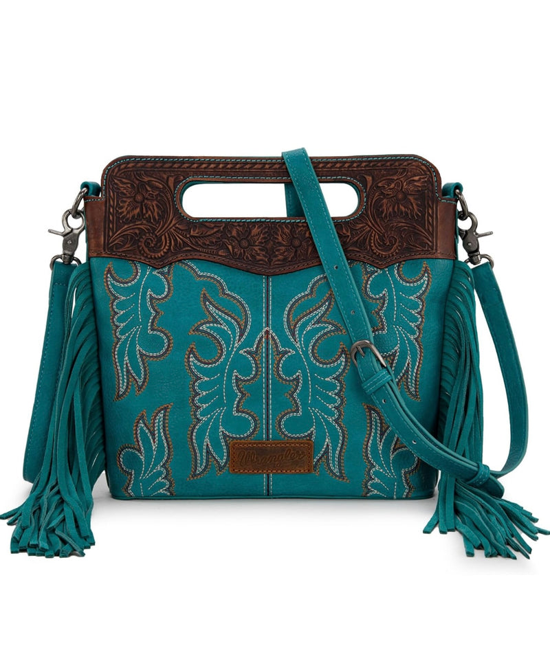 Wrangler Teal Floral Handle & Fringe Boot-Stitch CC Crossbody Bag