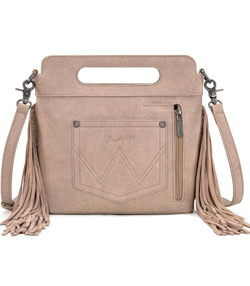 Wrangler Latte Tooled Floral Handle & Fringe Boot-Stitch CC Crossbody Bag