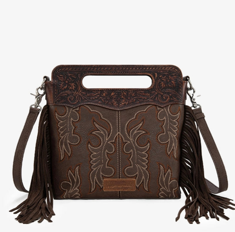 Wrangler Coffee Floral Handle & Fringe Boot-Stitch CC Crossbody Bag