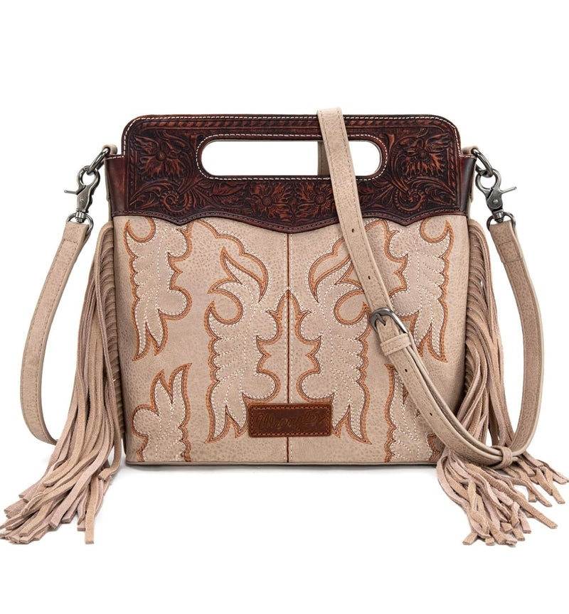 Wrangler Latte Tooled Floral Handle & Fringe Boot-Stitch CC Crossbody Bag