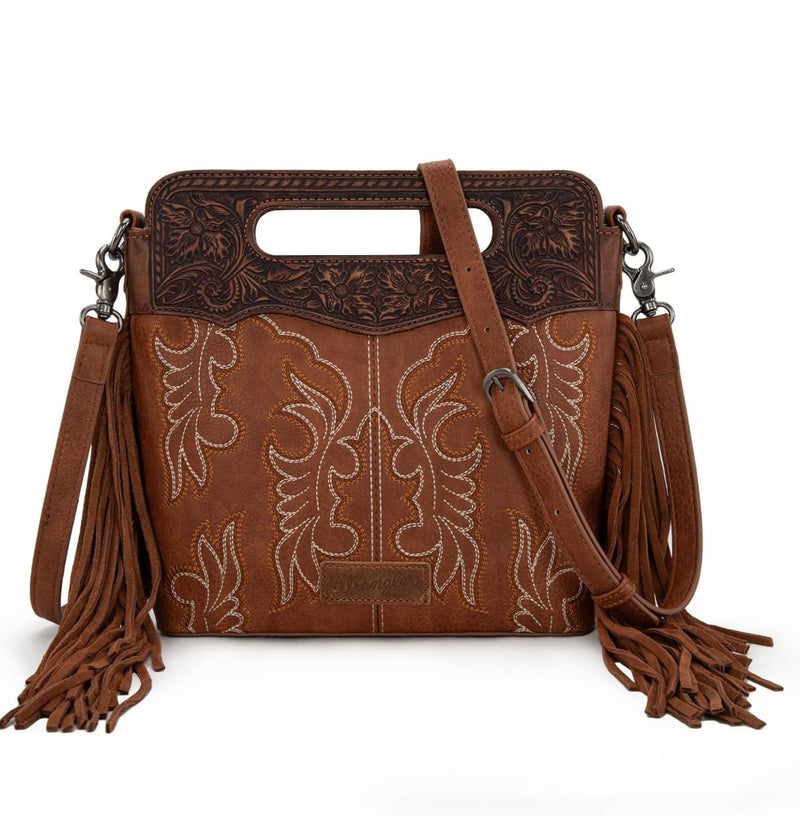 Wrangler Brown Floral Handle & Fringe Boot-Stitch CC Crossbody Bag