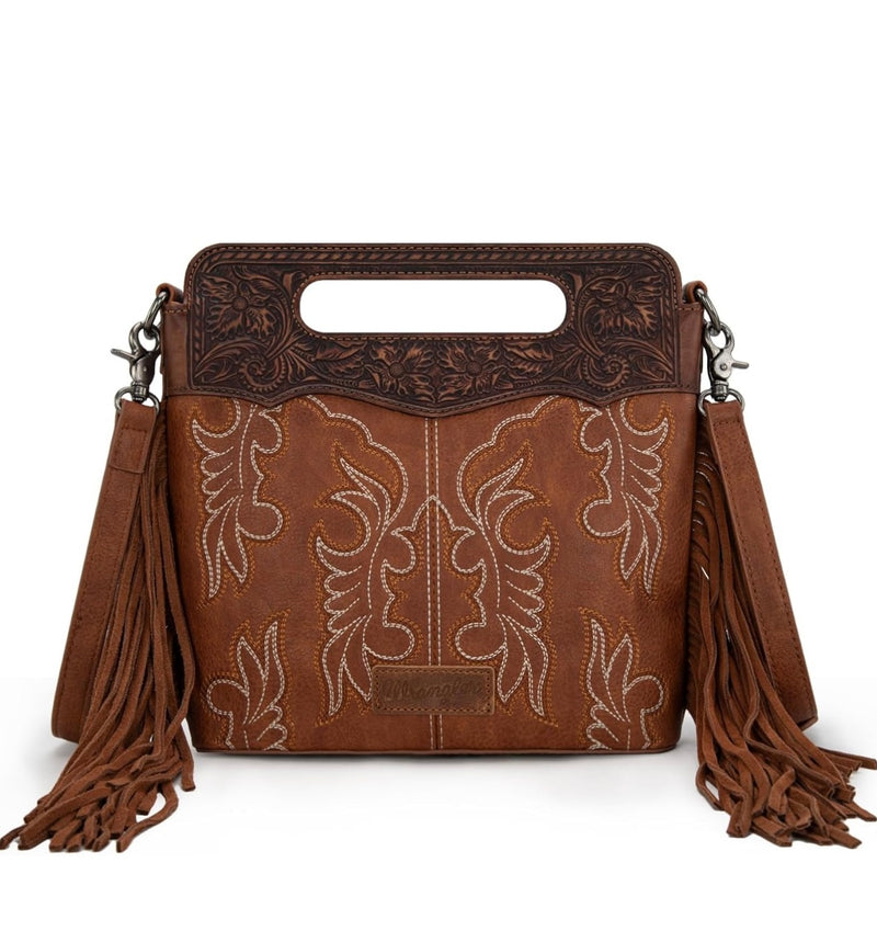 Wrangler Brown Floral Handle & Fringe Boot-Stitch CC Crossbody Bag