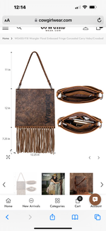 Wrangler Floral Embossed Fringe Conceal Carry Hobo/Crossbody Bag in Brown