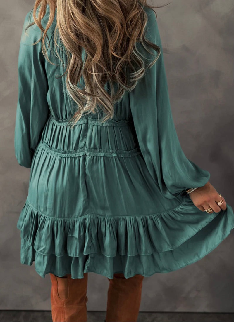 Mint Satin Tiered Puff Sleeve Dress