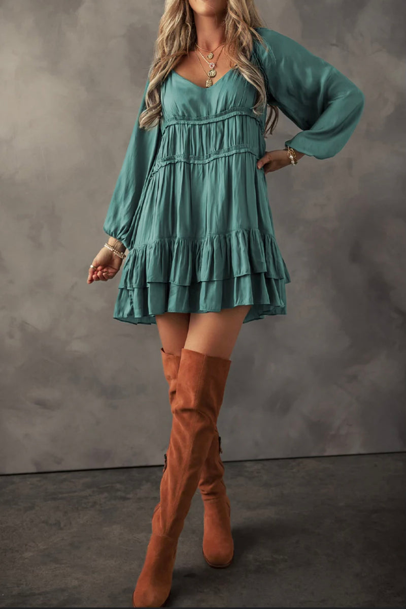 Mint Satin Tiered Puff Sleeve Dress