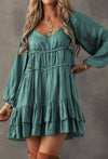 Mint Satin Tiered Puff Sleeve Dress