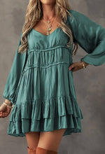 Mint Satin Tiered Puff Sleeve Dress