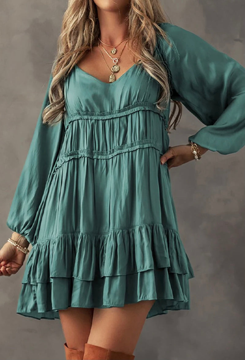 Mint Satin Tiered Puff Sleeve Dress