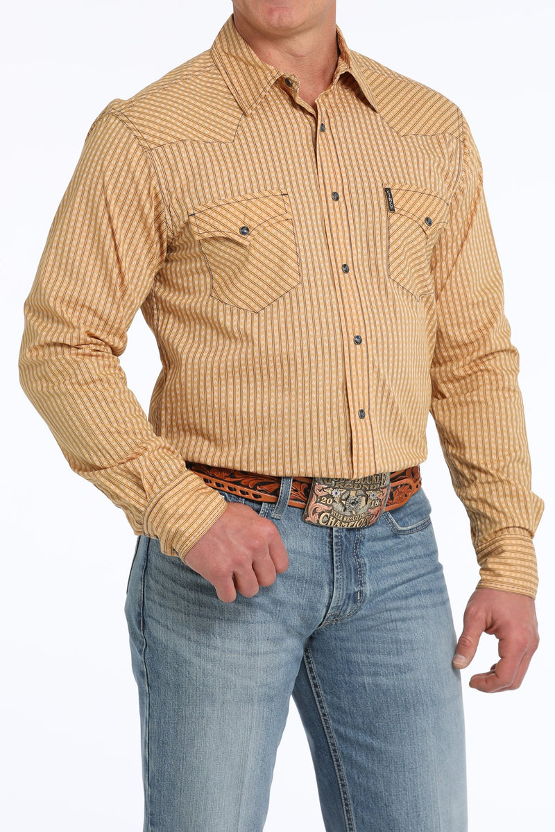 Mens Modern Fit Stripe Snap Front Western Shirt in Gold