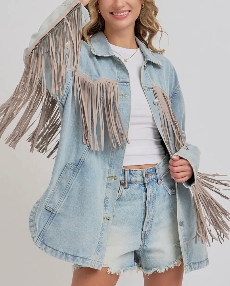 Womens Vintage Inspired Denim Fringe Jacket