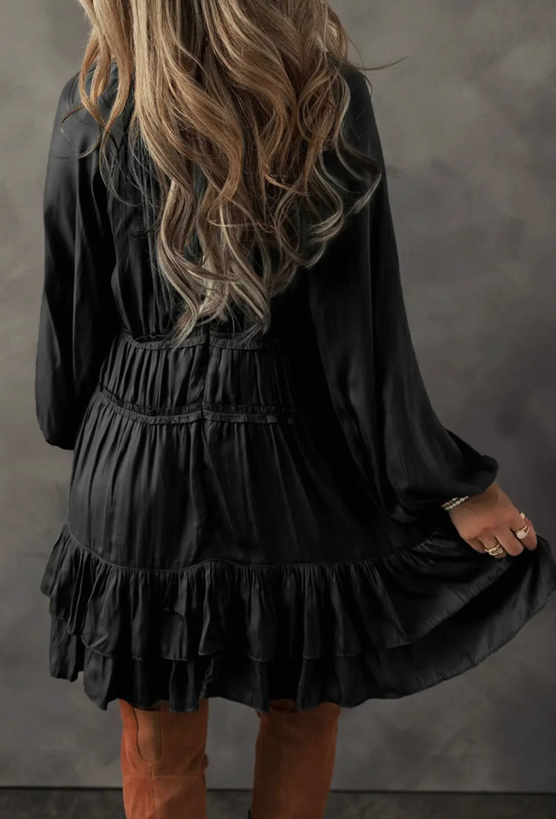 Black Satin Tiered Dress