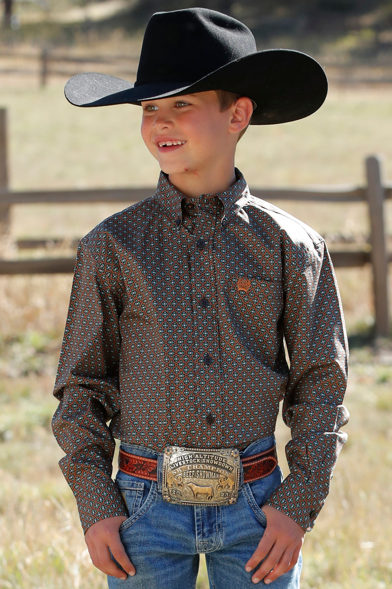 Boy's Cinch LS Brown Print Shirt