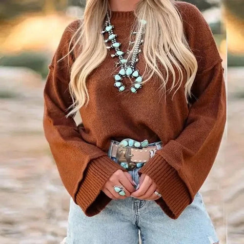 ANNA KACI Apparel & Accessories Women's Relaxed Brown Bell Slv