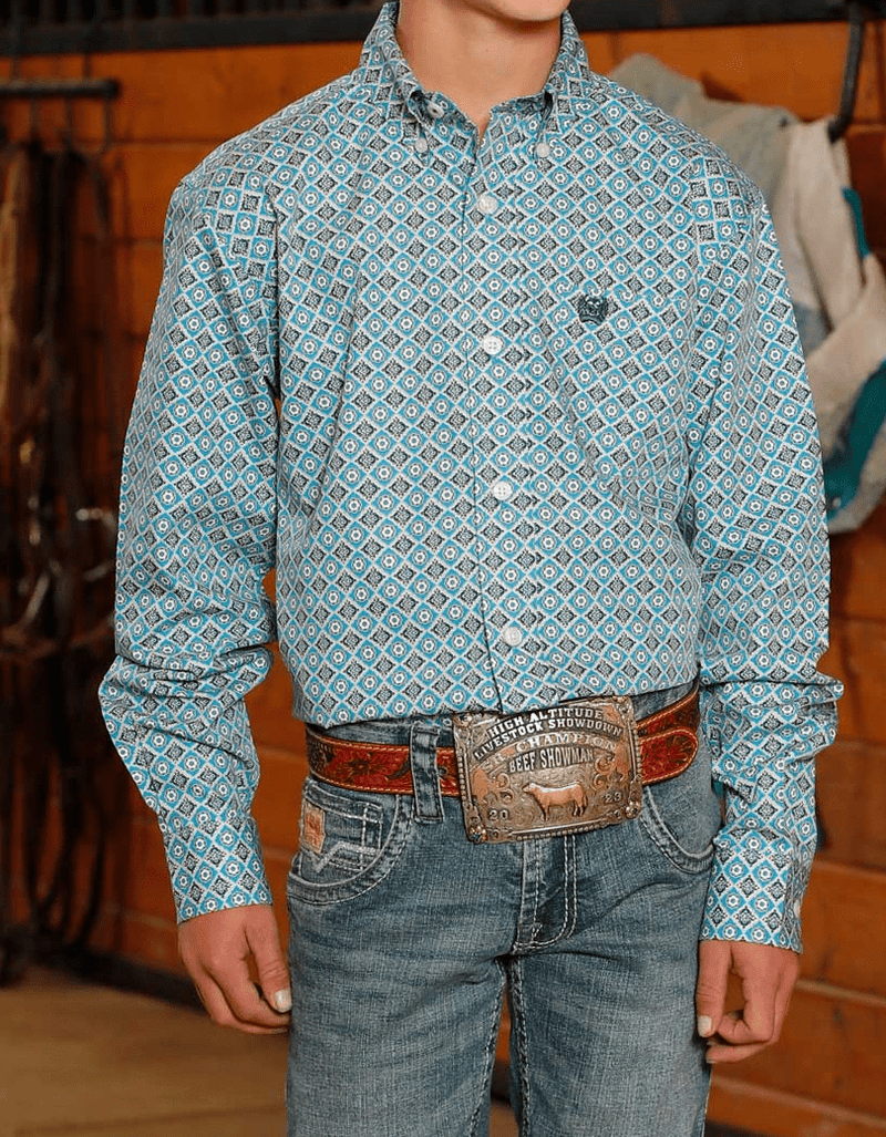 Cinch Apparel & Accessories Boy's Cinch LS Blue Dia Print Shirt