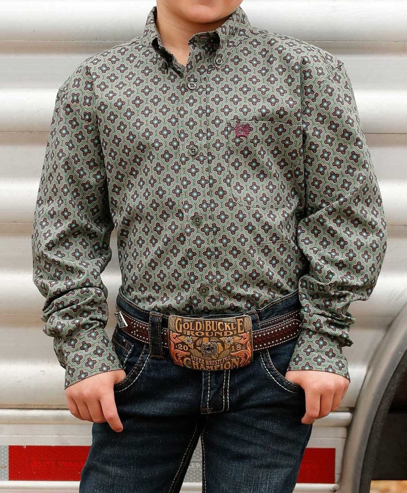 CINCH Apparel & Accessories Boy's Cinch LS Olive Print Shirt