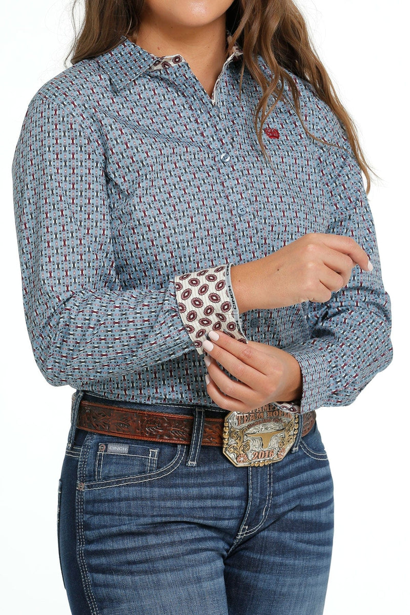 CINCH Women’s Shirt Women's LS Lt Blue Print  W/Contrast Button Shirt