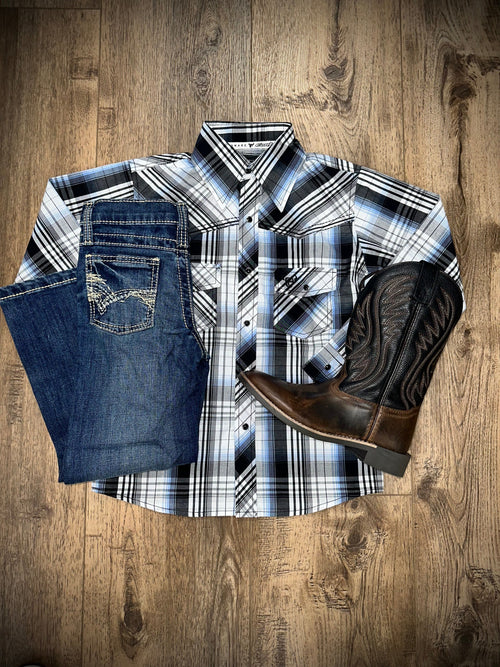 Cowboy Hardware Apparel & Accessories CH Boys LS Black/Blue Snap Shirt