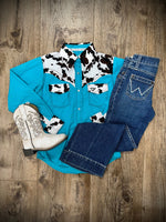 Cowgirl Hardware Girls Shirts 2T Girl's CH Moody CowPrint/Turq Shirt
