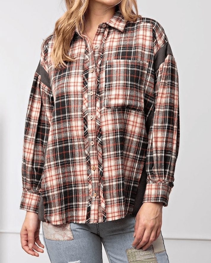 Easel Apparel & Accessories Women's Blk Plaid Flannel Shirt