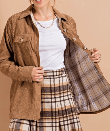 KORI Apparel & Accessories Women's Camel Corduroy/plaid Rev Shacket