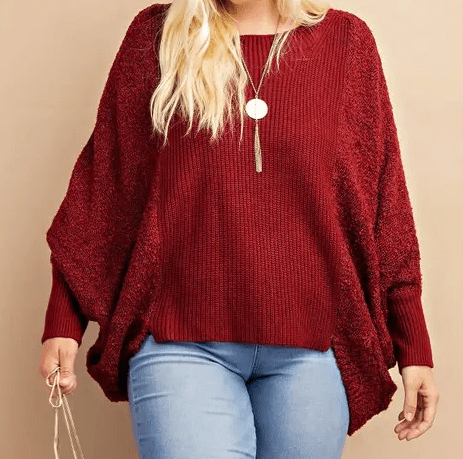 kori Apparel & Accessories Women's Curvy Burgundy Hi/Low Sweater