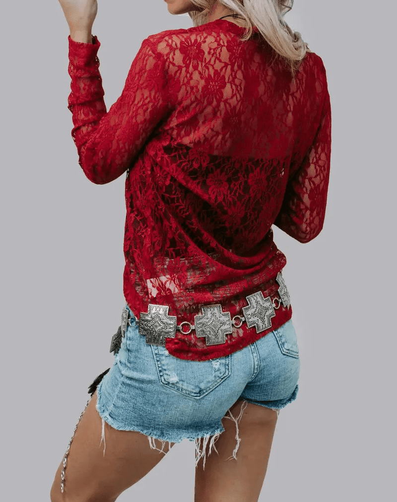Marigold Kiss Apparel & Accessories Women's Flower Red Lace Top