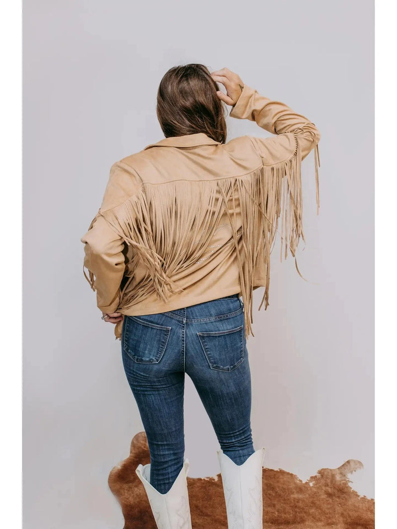 Marigold Kiss Women's Apparel Curvy Fringe suede Tan Jacket