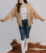 Marigold Kiss Women's Apparel Curvy Fringe suede Tan Jacket