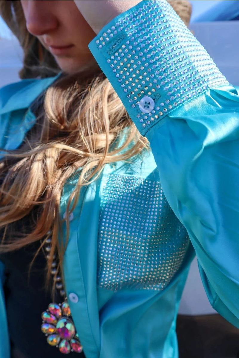 Marigold Kiss Women's Apparel Curvy Rhinestone Satin Teal Button up