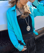 Marigold Kiss Women's Apparel Curvy Rhinestone Satin Teal Button up