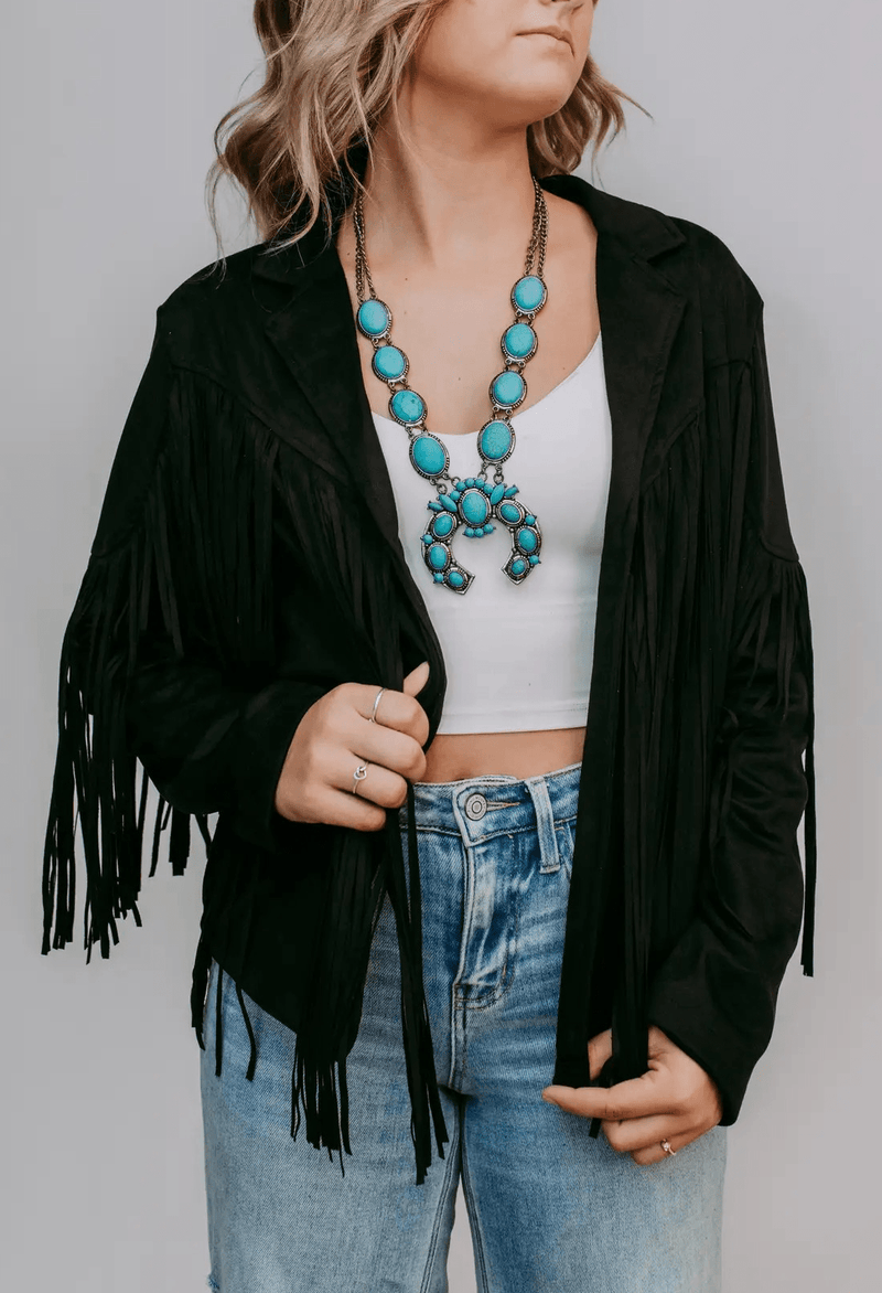 Marigold Kiss Women's Apparel Women's Fringe Black Suede Jacket