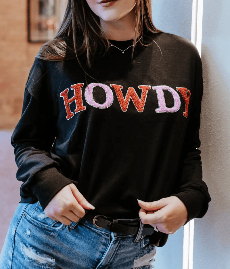 Marigold Kiss Women's Apparel Women's LS Black "Howdy" Tee