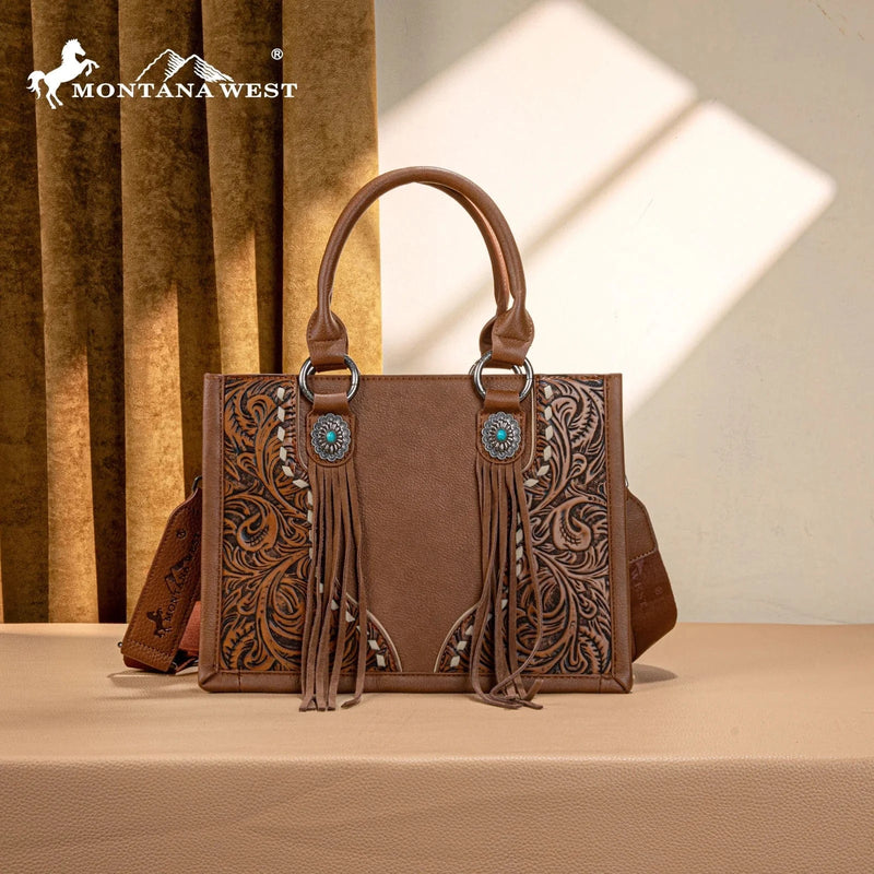 Montana West Apparel & Accessories MW Tooled Brown Concho Tote