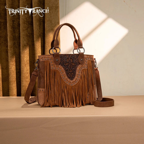 Montana West Apparel & Accessories TR Brown Floral Tooled Fringe Tote