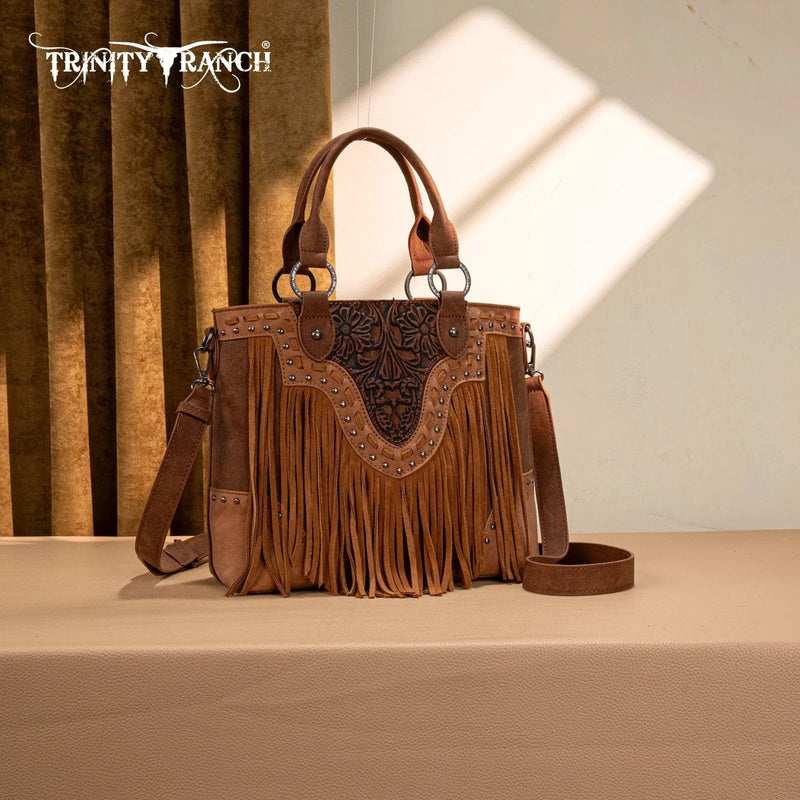 Montana West Apparel & Accessories TR Brown Floral Tooled Fringe Tote