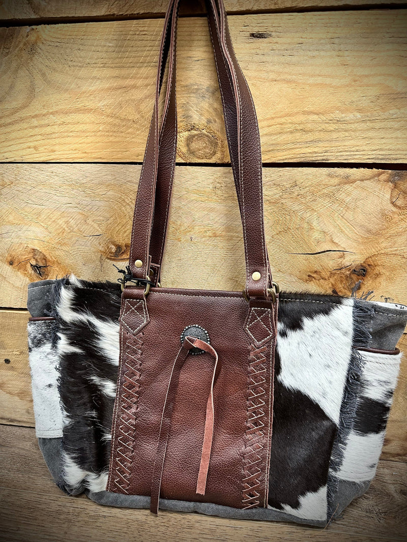 Myra Bag Cowhide and Cross Stitched Leather Hair-on Tote