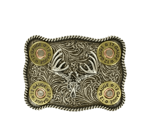Nacona Nocona Silver Buck Skull and Shotgun Shell Belt Buckle