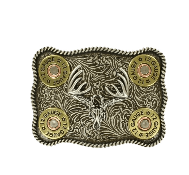 Nacona Nocona Silver Buck Skull and Shotgun Shell Belt Buckle