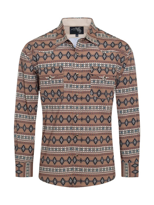 Rodeo Clothing Apparel & Accessories Men's LS Tan Aztec Snap Shirt