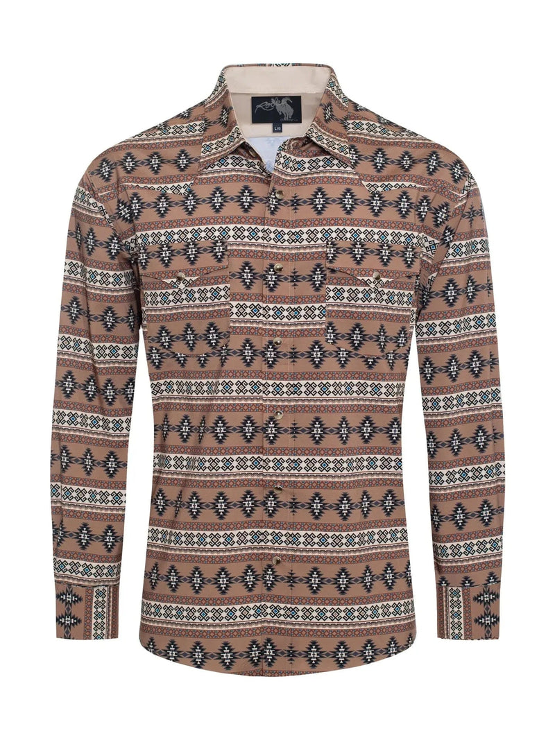 Rodeo Clothing Apparel & Accessories Men's LS Tan Aztec Snap Shirt
