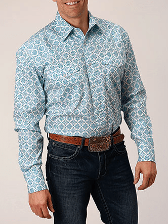 Roper Men's Shirts Men's LS Roper Turq Print Snap Shirt