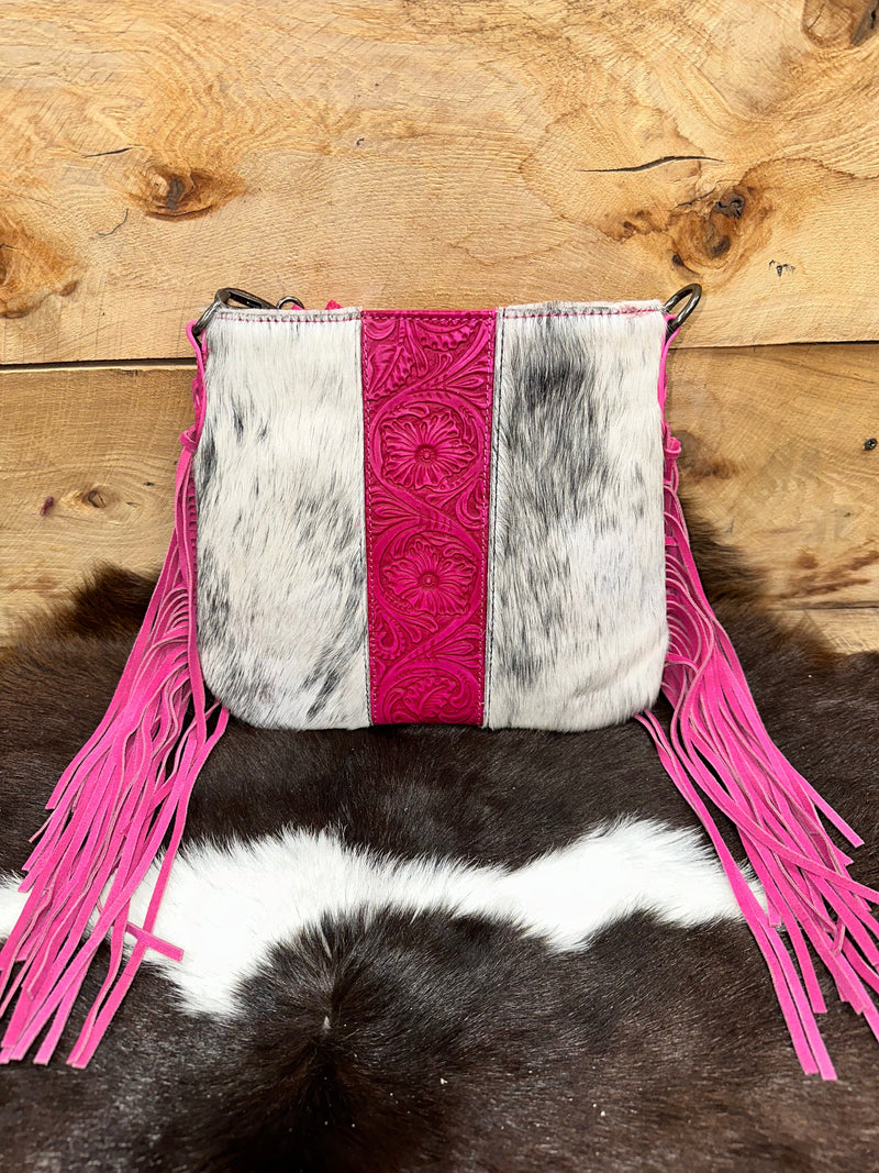 trinity ranch Pink Trinity Ranch Hair-On Cowhide/Tooled Fringe Concealed Carry Crossbody Bag