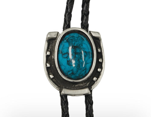 Twisted T Western & More Antique Silver Horseshoe Bolo Tie with Blue Stone