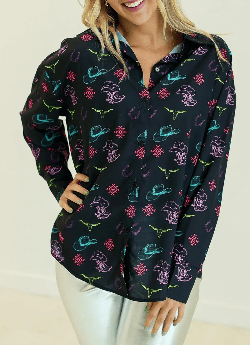 Twisted T Western & More Apparel & Accessories Women's Black Western Print Button Shirt